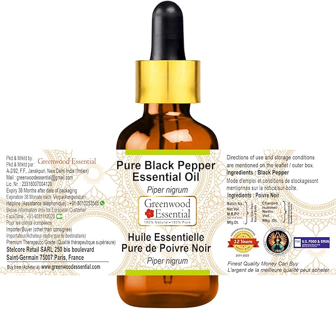 Greenwood Essential Pure Black Pepper Essential Oil (Piper nigrum) with Glass Dropper Steam Distilled 10ml (0.33 oz)