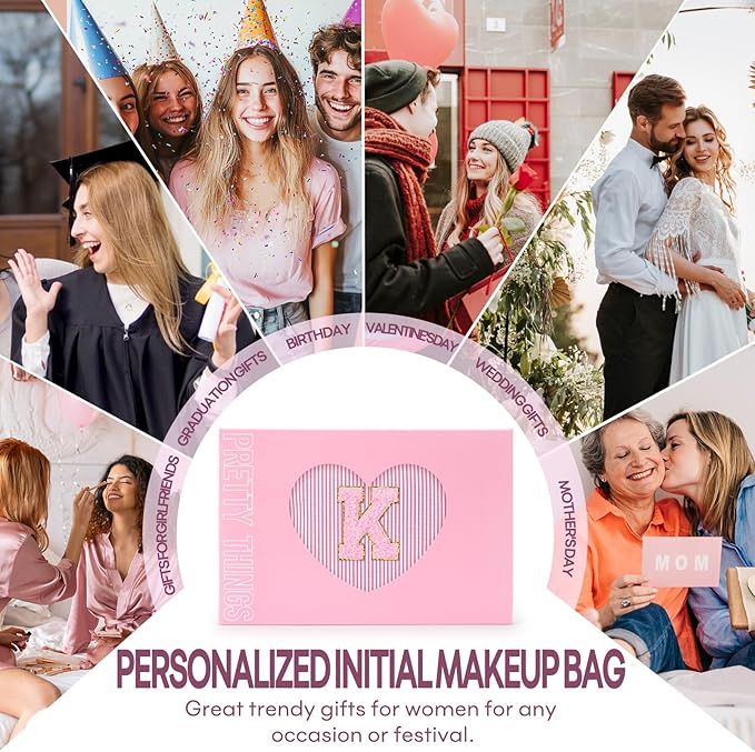 mibasies 2 PCS Initial Makeup Bags for Women: - Birthday Gifts for Teen Girls 11 12 13 14 15 16 Years Old - Preppy Trendy Stuff - Cosmetic Bag for Travel Toiletry - Pink K