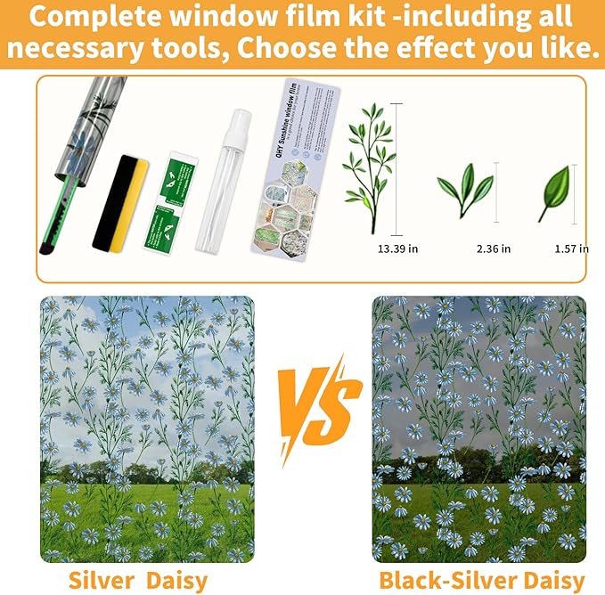 One Way Privacy Film, Window Tint for Home,Daytime Reflective, Anti UV Static Cling Sliding Door Coverings No Glue Garage Solar Paper (Black - Silver-Daisy, 35.4X 78.7 in)
