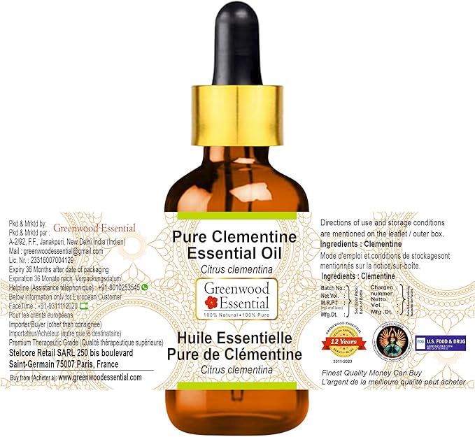 Greenwood Essential Pure Clementine Essential Oil (Citrus Clementina) with Glass Dropper Steam Distilled (Pack of Two) 100ml X 2 (6.76 oz)