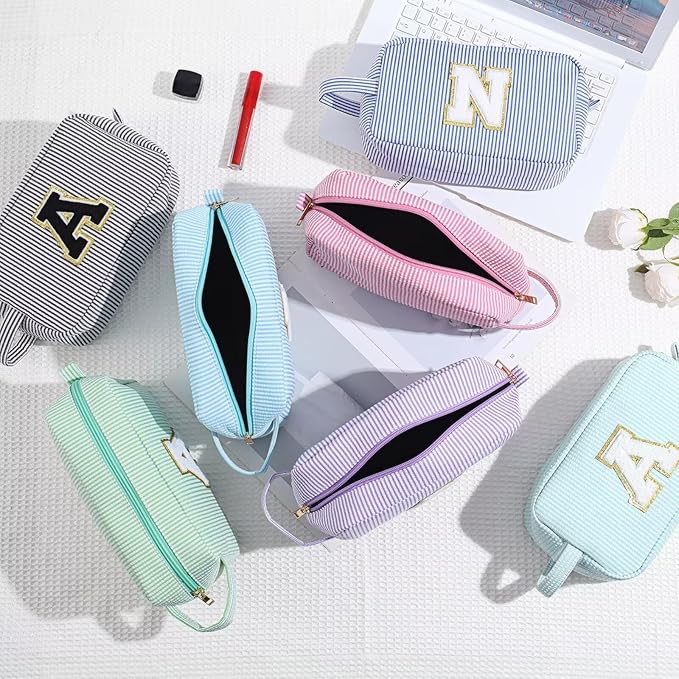 YOOLIFE Makeup Bag - Initial Makeup Bag Cosmetic Bag, Monogram Makeup Bags, Travel Cosmetic Bag, Make Up Bag, Travel Cute Makeup Pouch Makeup Case, Personalized Blue Makeup Bags for Women Her K