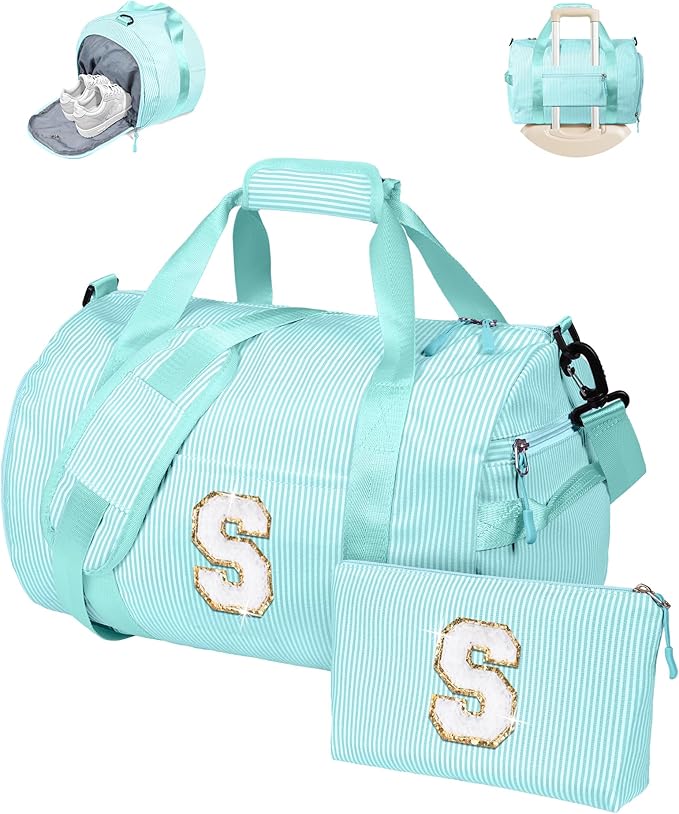 Trendy Stuff for Teen, Girls Travel Duffle Bag, Kids Initial Overnight Bags with Shoe Compartment, Personalized Weekend Bag with Cosmetic Pouch, Gift for 7 8 9 10 Year Old Girl (Letter S)