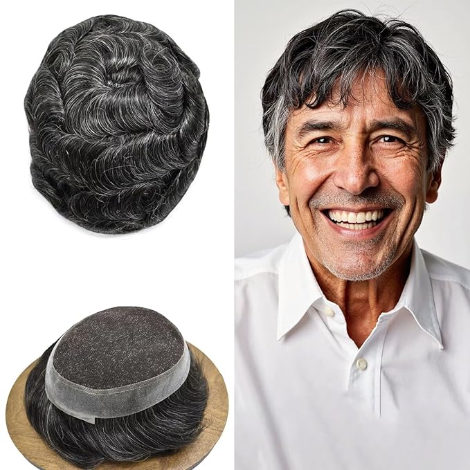 Lace Center Hair System for Men French Lace Toupee for Man Real Human Hair Replacement Systems Thin Skin Around Mens Toupee V-Looped PU Front Hairpieces 6"X9" #1B40