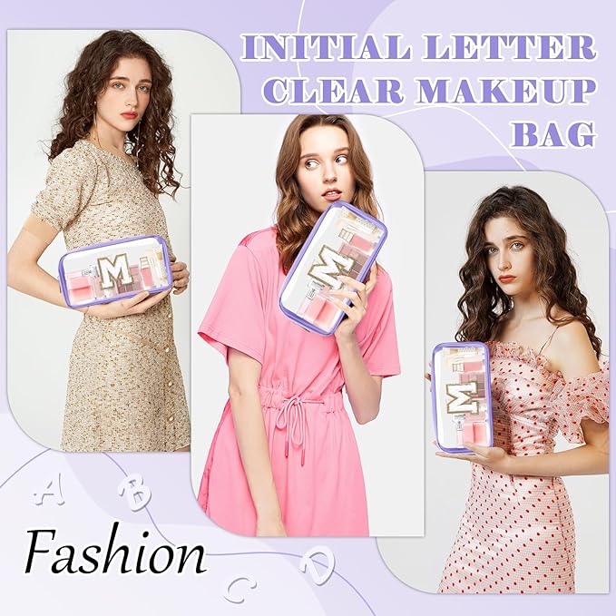 Personalized Initial Letter Clear Makeup Bag,Preppy Small Nylon&PVC Cosmetic Zipper Bag with Chenille Letter,Travel Skincare Toiletry Bag,Monogram Christmas Gift for Teen Girls Women,M