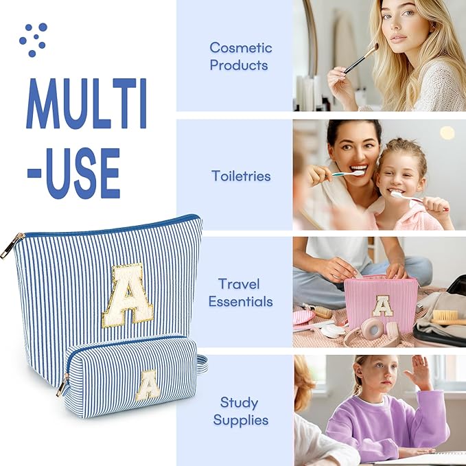 2 PCS Initial Makeup Bags for Women: Cosmetic Bag for Travel Toiletry - Birthday Gifts for 11 12 13 14 15 16 17 18 Years Old Girl Graduation Teacher Gift- Teen Girl Gifts Trendy Stuff - Blue J