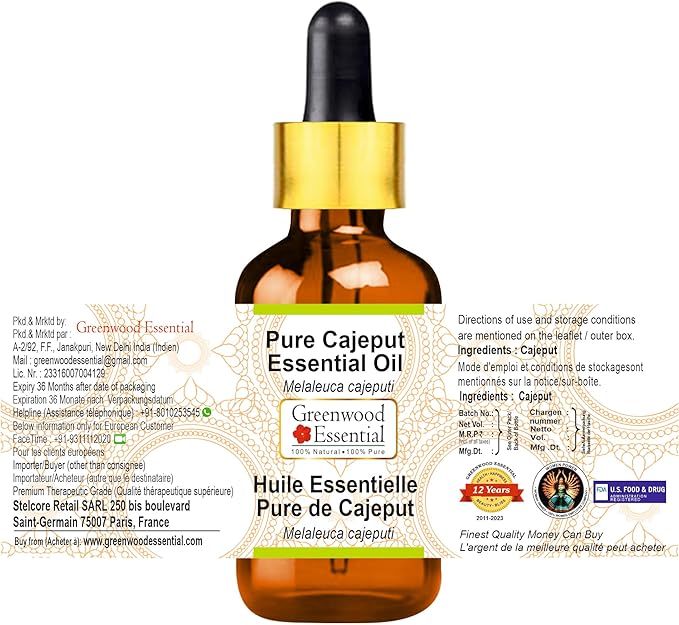 Greenwood Essential Pure Cajeput Essential Oil (Melaleuca cajeputi) with Glass Dropper Steam Distilled (Pack of Two) 100ml X 2 (6.76 oz)
