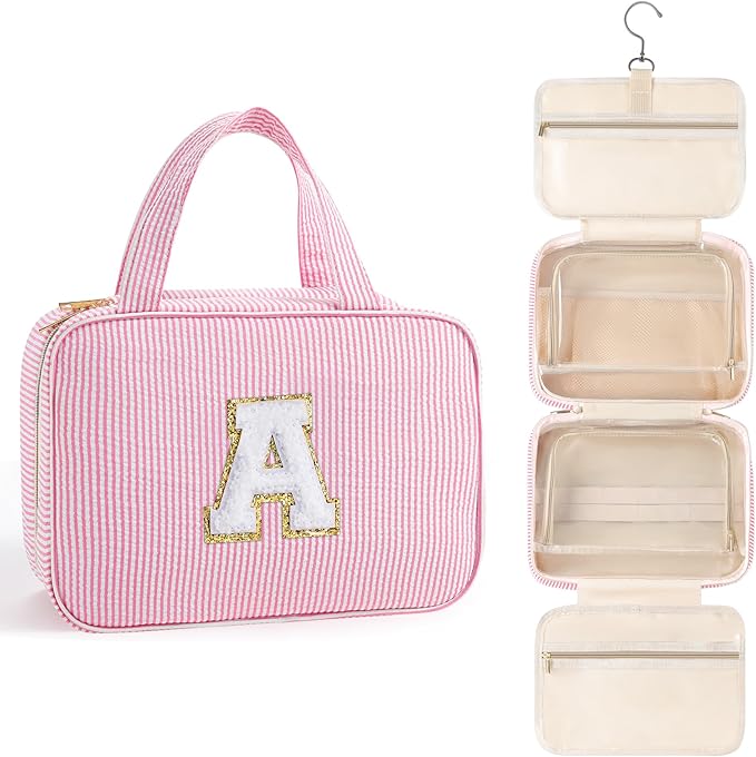 TOPEAST Christmas Gifts for Women Teen Girls Kids - Travel Hanging Toiletry Bag & Makeup Bag, Personalized Initial Toiletry Pouch, Birthday Gifts for Women Teen Girls, Cruise Essentials, Pink A