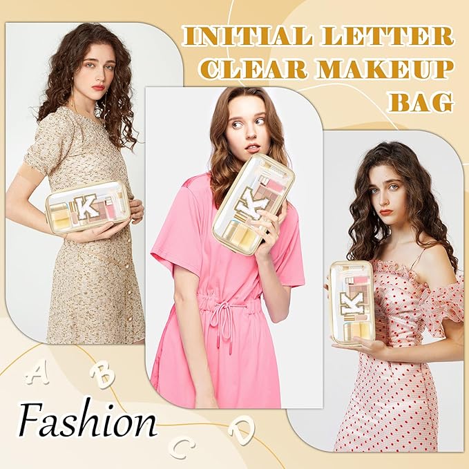Personalized Initial Letter Clear Makeup Bag,Preppy Small Nylon&PVC Cosmetic Zipper Bag with Chenille Letter,Portable Beach Travel Skincare Toiletry Bag,Trendy Monogram Gift for Teen Girls Women,K