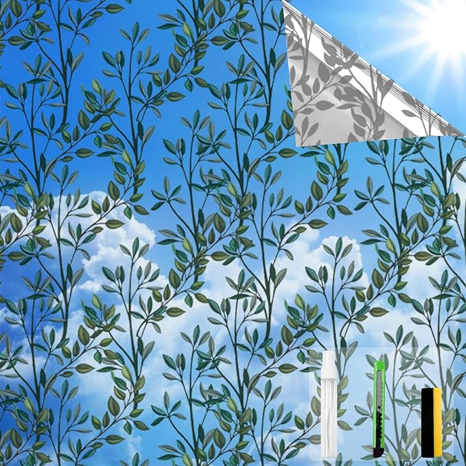 One Way Privacy Film, Window Tint for Home,Daytime Reflective, Anti UV Static Cling Sliding Door Coverings No Glue Garage Solar Paper (Silver-Leaves, 23.6 x 157.4 in)