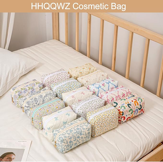 Makeup Bag Travel Cosmetic Bag for Women Girls, Zipper Make Up Pouch, Floral Flowers Toiletry Organizer Makeup, Portable Storage Bag, Cosmetic Travel Cloth Bag (Pink Bowknot+Blue Bowknot)