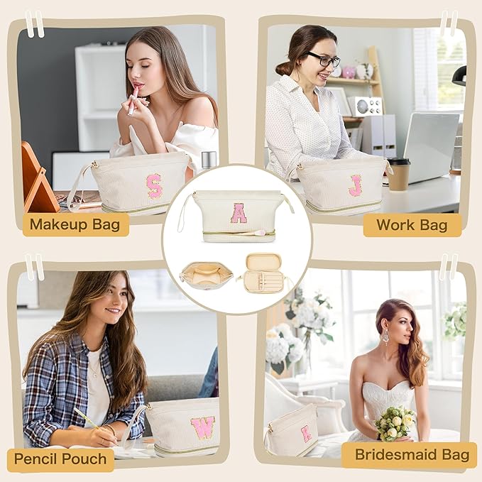 Makeup Bag for Girls Gift, Personalized Christmas Gifts Initial Women Makeup Bag for Travel, Double Layer Cosmetic Bag with Brush Organizer Preppy Make up Bag for Teen Girl Trendy - X