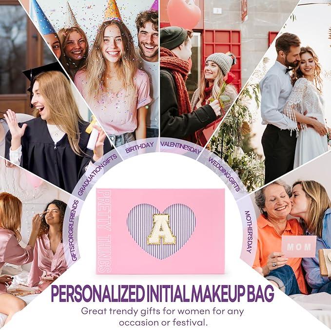 2 PCS Initial Makeup Bags for Women: Cosmetic Bag for Travel Toiletry - Birthday Gifts for 11 12 13 14 15 16 17 18 Years Old Girl Graduation Teacher Gift- Teen Girl Gifts Trendy Stuff - Purple R