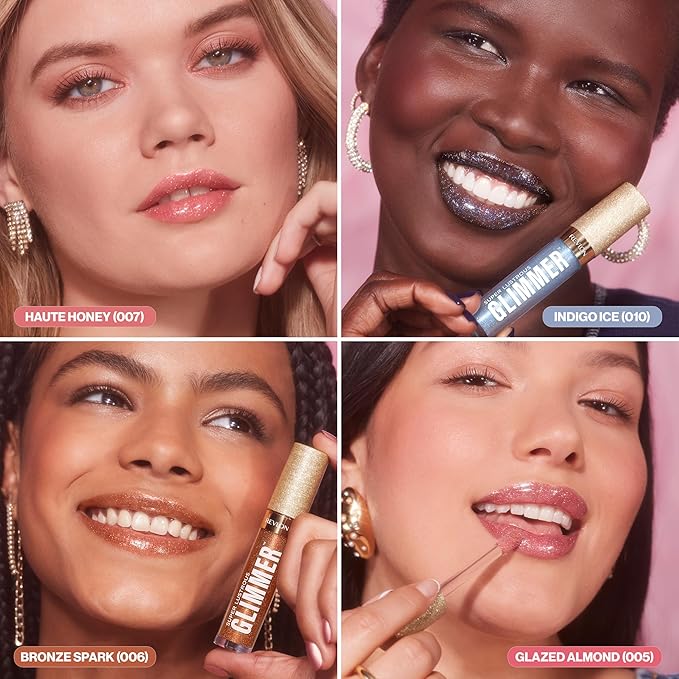 Revlon Super Lustrous Glimmer Gloss, Non-Sticky Lip Gloss, High-Shine Finish, Plant-Based Glitter, 002 Pink Prisma, 0.13 fl oz