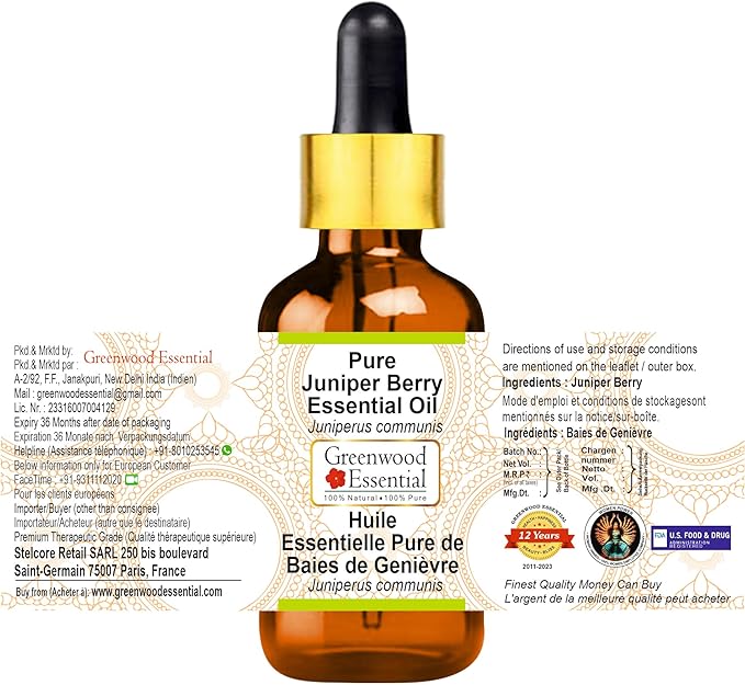 Greenwood Essential Juniper Berry Essential Oil (Juniperus communis) with Glass Dropper | Pure | Non-Sticky | Non-Greasy | Lightweight | Men & Women | All Skin Types | Steam Distilled 50ml (1.69 oz)