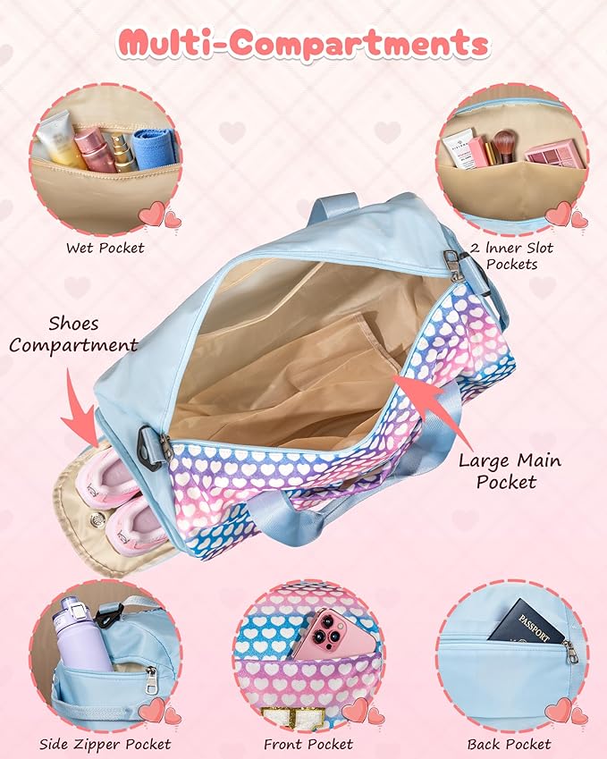 10 Year Old Girl Birthday Gifts, Girls Travel Duffel Bag, Kids Initial Overnight Bags with Shoe Compartment, Initial Duffle Bag with Makeup Pouch, Gift for Grandkids Teens (Letter E)
