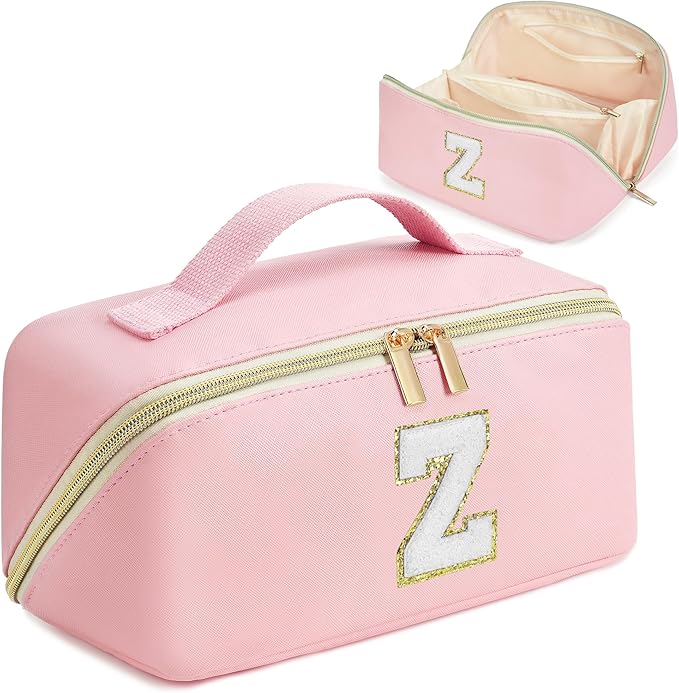 for Christmas Day Gifts, Makeup Bag for Women, PU Leather Travel Toiletry Bags, Initial Make Up Cosmetic Pouch for Teen Girls, Wide Open Portable Skincare Bag, Personalized Birthday Gifts, Pink Z