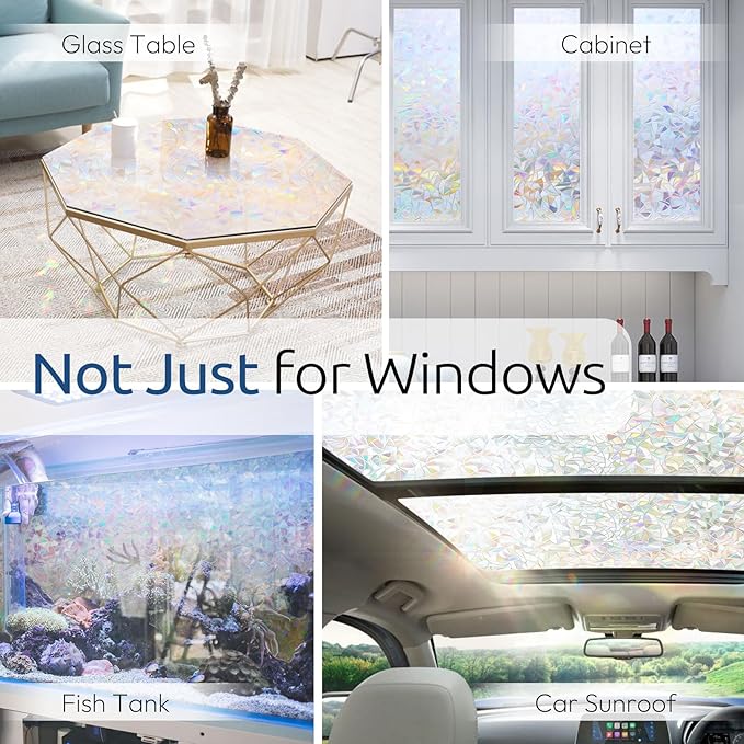rabbitgoo Window Privacy Film Rainbow Film Decorative Window Sticker, 3D Static Stained Glass Cling Tint for Home Heat Control Non-Adhesive, 23.6 x 118.1 inches