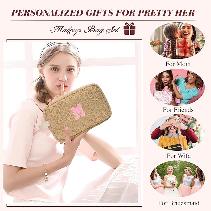 for Christmas Day Gifts, Personalized Initial Cosmetic Bag Pouch for Teen Girls, Preppy Makeup Travel Bags for Daughter Sister Girlfriend, Monogramed Make Up Pouch for Birthday Gifts - Brown R