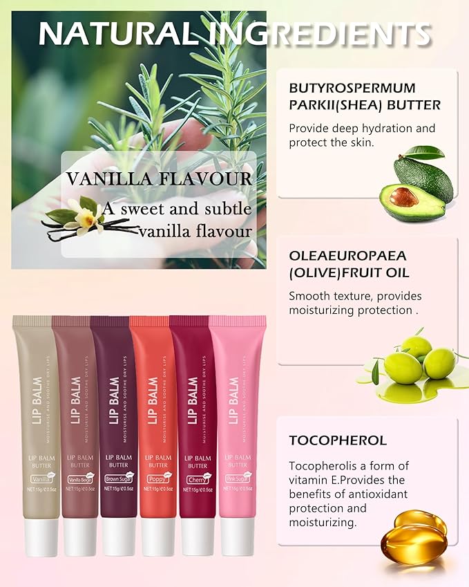 Butter Tinted Lip Balm-3 Colors Vanilla Beige Brown Poppy Pink Sugar Lip Gloss,Yummy Lip Stain Long Lasting, Hydrating Non-Stick Glow Reviver Lip Care Oil, Christmas Makeup Gift for Women-Set B