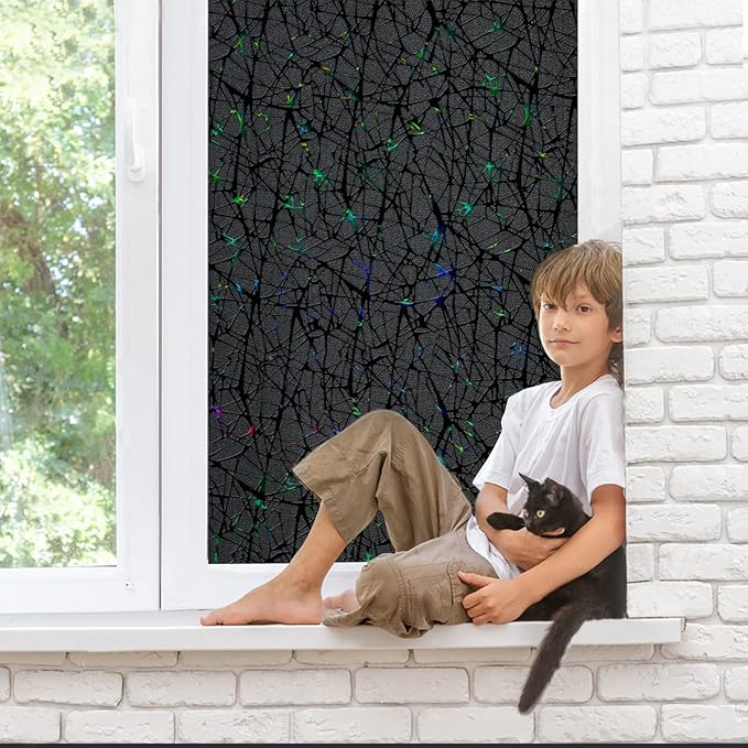QHY Sunshine Total Blackout Window Film Privacy， Frosted Glass Window Film，Black Window Tint， No Glue， Detachable, no Marks, Suitable for Repeated use (Black, 35.4 in X 157.4 in)