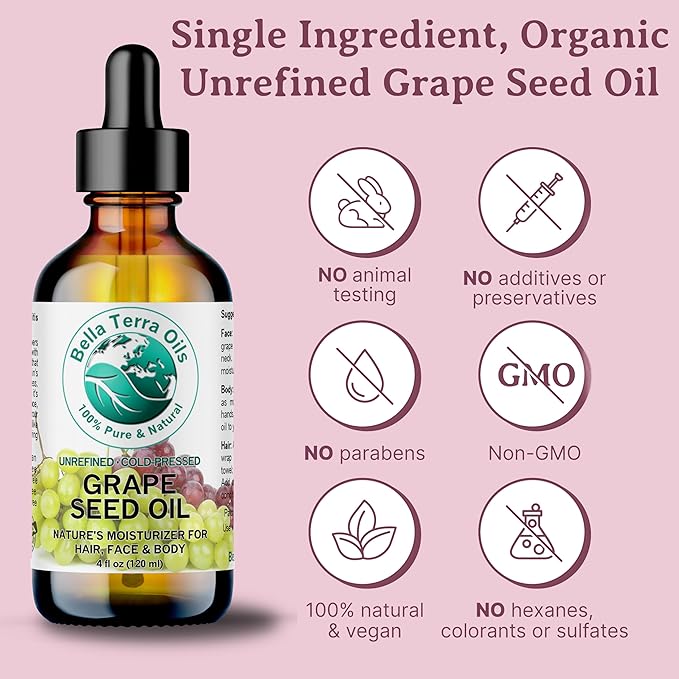 Bella Terra Oils Pure Grape Seed Oil – 1 gallon, Antioxidant-Rich, Lightweight, Radiant Skin, Frizz-Free Hair, Silky Touch