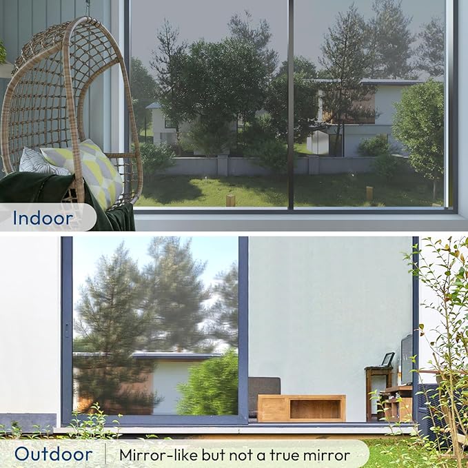 rabbitgoo Window Privacy Film One Way Window Tint for Home, Removable Reflective Heat Sun Blocking Anti UV Glass Door Covering, Mirror Tinting Film House Office, 35.4 in X 16.4 Feet, Silver