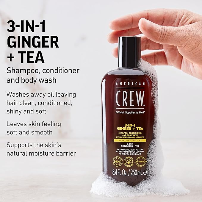 AMERICAN CREW 3-in-1 Ginger & Tea, Shampoo, Conditioner & Body Wash for Men, Hair Care Gift for Him, Revitalizing and Refreshing Fragrance, 8.4 fl oz
