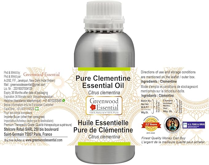 Greenwood Essential Pure Clementine Essential Oil (Citrus Clementina) Steam Distilled 630ml (21.3 oz)
