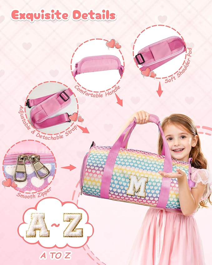 Party Favors for Teenager, Girls Travel Duffel Bag, Kids Initial Overnight Bags with Shoe Compartment, Personalized Weekender Bag with Makeup Pouch, Birthday Gift for Teen (Letter W)