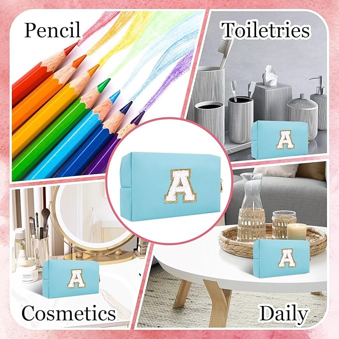 Small Personalized Letter Makeup Bag, Cute PU Leather Chenille Letters Cosmetic Bag Travel Makeup Pouch, Preppy Travel Organizer Zipper Pouch for Women&Girls（Blue-A）