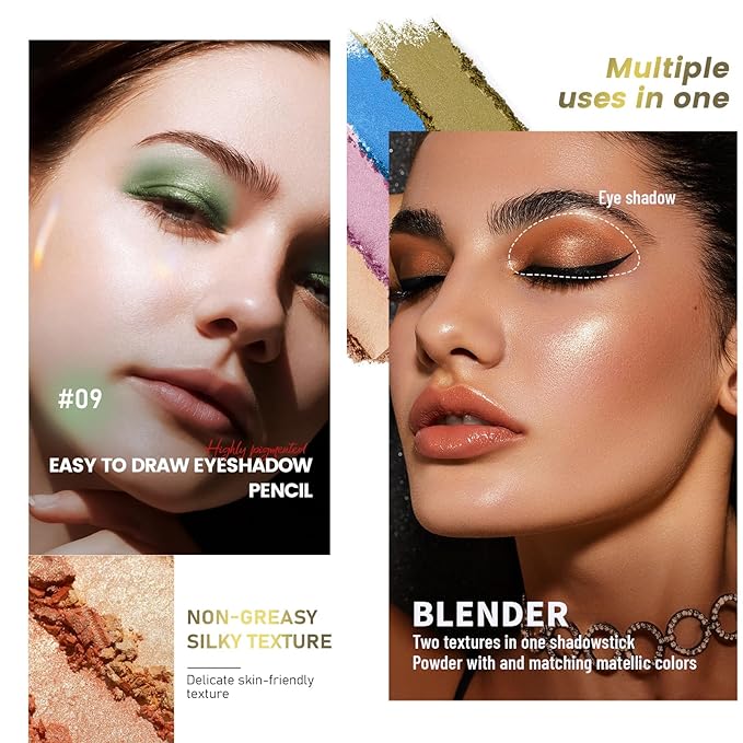 Coffee Brown Dual Ended Eyeshadow Stick 12 Colors Matte and Shimmer Waterproof Long Lasting Creamy Eyeshadow Pencil for Smokey Eye Natural Everyday Makeup