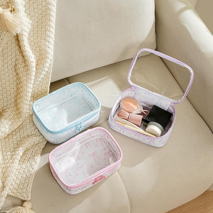 Cute Clear Makeup Bag with Bow Pattern,Transparent Nylon Travel Cosmetic Case with Zipper,Portable Makeup Organizer Pouch for Essentials(03Purple)