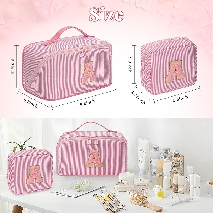 Travel Makeup Bag for Women, 2Pcs Portable Personalized Initial Makeup Organizer Bag, Open Flat Large Cosmetic Bag With Travel Essential Pouch (Pink Letter T)