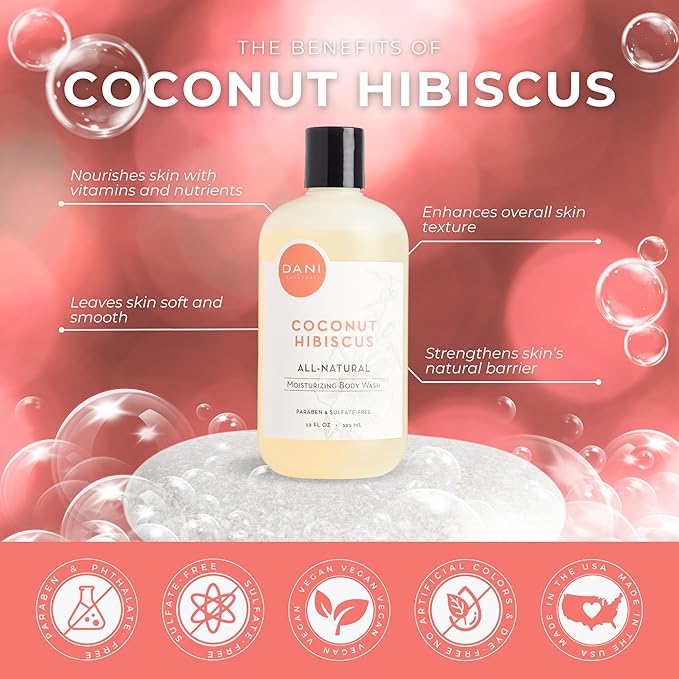 DANI Naturals Moisturizing Body Wash - Tropical Coconut Hibiscus Scent with Organic Aloe Vera & Natural Glycerin - Paraben & Sulfate-Free Shower Gel - 12 oz - Vegan & Cruelty-Free