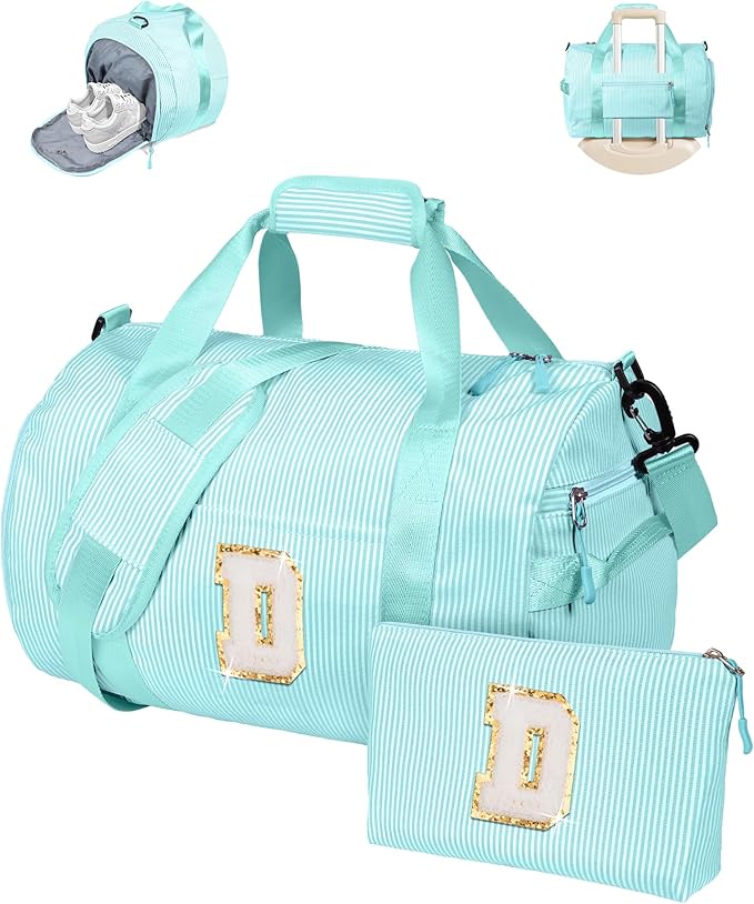 Birthday Gift for Daughter, Girls Travel Duffle Bag, Kids Initial Overnight Bags with Shoe Compartment, Personalized Weekend Bag with Cosmetic Pouch, Cute stuff for Tween (Letter D)