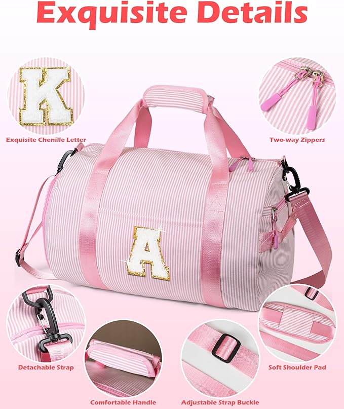 Gifts for Teenager, Girls Travel Duffle Bag, Kids Initial Overnight Bags with Shoe Compartment, Personalized Weekender Bag with Makeup Pouch, Teen Girl Gift (Letter E)