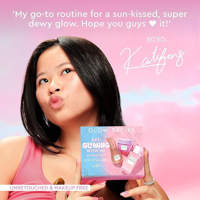 Glow Recipe Get Glowing With Me Kit by Katie Fang - PHA + BHA Face Toner & Gentle Face Exfoliant + Plum Plump Hyaluronic Acid Moisturizer Face Cream + Hue Drops Tinted Serum (3 Count)