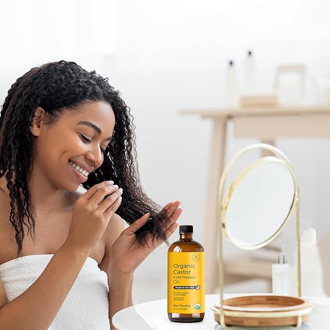 Zen Routine Organic Castor Oil (16oz Glass Bottle) Hexane Free – Hair Growth Oil, Eye Lashes & Stomach, 100% Cold Pressed Unrefined Pure for Castor Pack Wrap – USDA Certified, Made in the USA