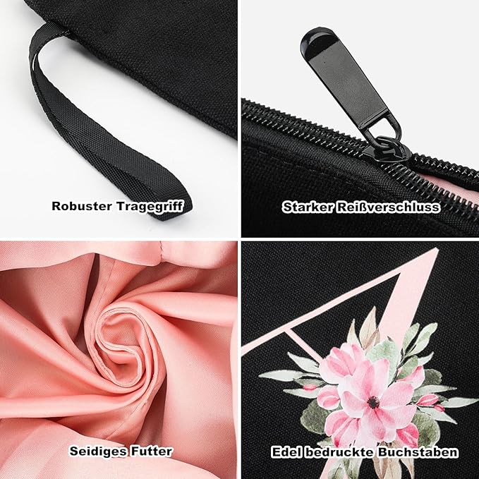 Vavabox A-Z Personalized Makeup Bag, Birthday Gifts for Women Mom, Gifts for Best Friend, Bride Bridesmaid Cosmetic bag (B, 04-Black Set)