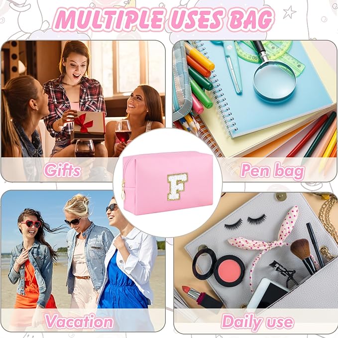Initial Makeup Bag Personalized Preppy Travel Small Cosmetic Bag Cute PU Pink Chenille Letter Makeup Pouch for Purse Waterproof Zippered Toiletry Organizer for Women Girls Kids Friends (F)
