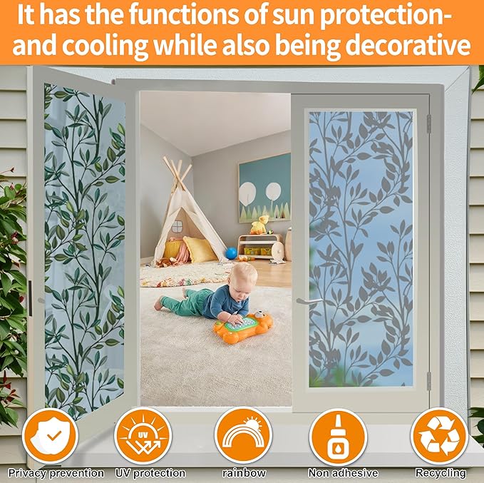 One Way Privacy Film, Window Tint for Home,Daytime Reflective, Anti UV Static Cling Sliding Door Coverings No Glue Garage Solar Paper (Silver-Leaves, 23.6 x 157.4 in)