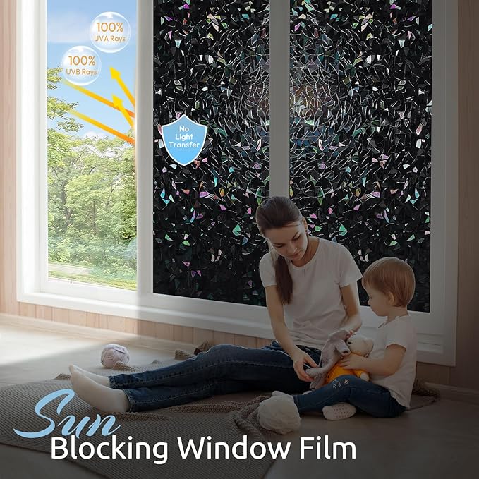 rabbitgoo Window Privacy Film Rainbow Film Decorative Window Sticker, 3D Static Stained Glass Cling Tint for Room Darkening Day Sleep, Black, 17.5 x 78.7 inches