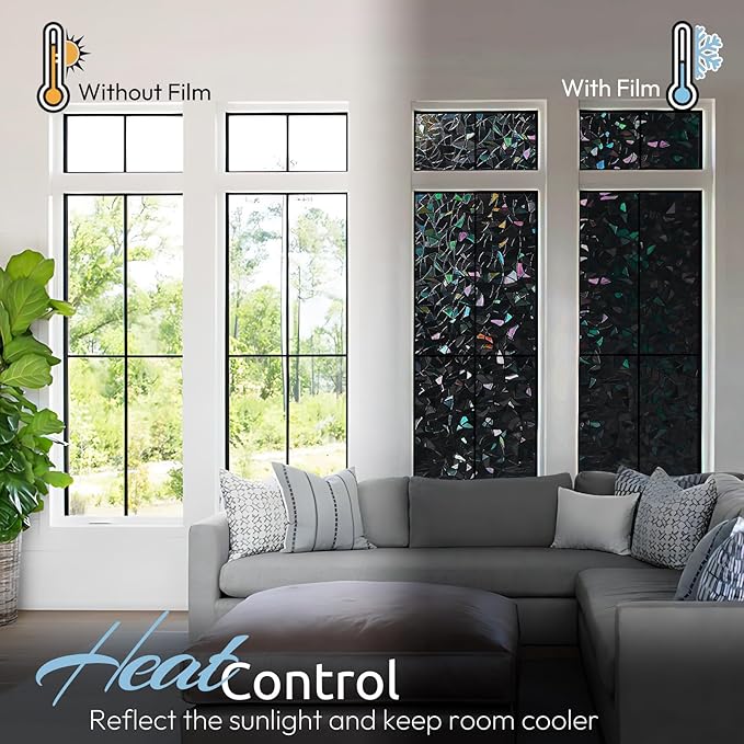 rabbitgoo Window Privacy Film Rainbow Film Decorative Window Sticker, 3D Static Stained Glass Cling Tint for Room Darkening Day Sleep, Black, 11.8 x 78.7 inches