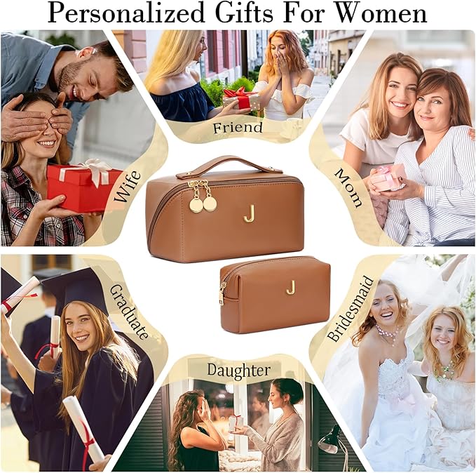 Birthday Gifts for Women Teen Girl, Personalized Initial Makeup Organizer Bag Set, Open Flat Travel Cosmetic Bag With Clear Divider and Handle(Brown,J)