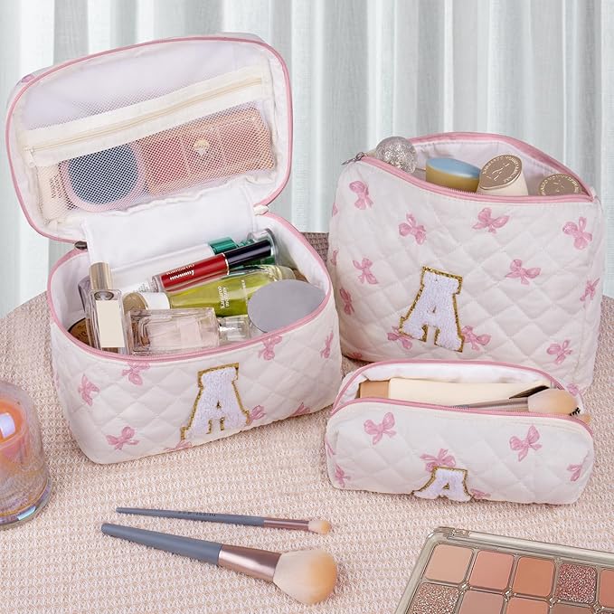 Initial Makeup Bag Set, Personalized Quilted Makeup Bag, Large Floral Cosmetic Bag for Women, Cute Cotton Custom Make up Bags, Flower Travel Toiletry Bag Teen Girl Gift Pink Butterfly S