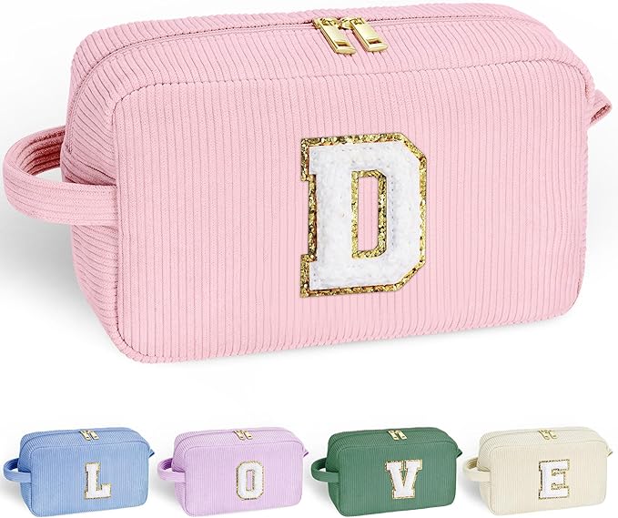 YOOLIFE Pink Makeup Bag for Girls - Preppy Stuff Bag, Cute Initial Makeup Bag for Teens, Teacher, Daughter, Sister Gifts for Women