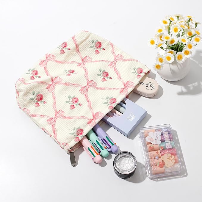 Cosmetic Bags for Women - Corduroy Cosmetic Bag Aesthetic Women Handbags Purses Smile Dots Makeup Organizer Storage Makeup Bag Girls Case Bags (Flowers-Pink)