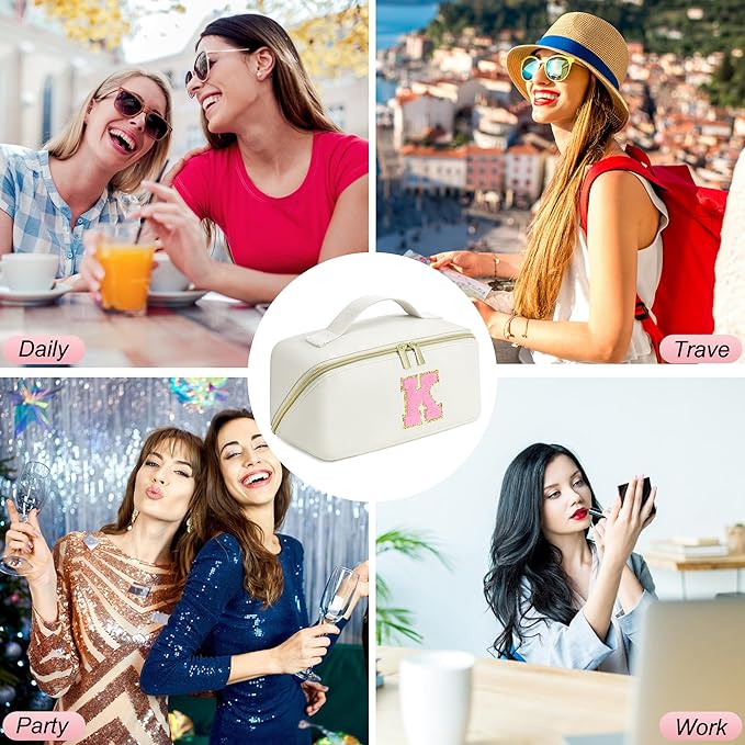 for Christmas Day Gifts, Makeup Bag for Women, PU Leather Travel Toiletry Bags, Initial Make Up Cosmetic Pouch for Teen Girls, Wide Open Portable Skincare Bag, Personalized Birthday Gifts, White H