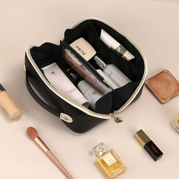 Prite Makeup Bag for Women Travel Waterproof Vegan Leather Cosmetic Bag Open Flat Toiletry Bag With Clear Divider and Handle (Black)