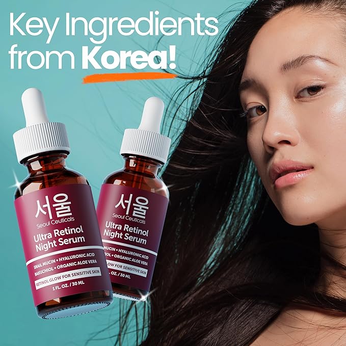 SeoulCeuticals 1% Korean Retinol Night Serum for Face - 97.5% Snail Mucin + Hyaluronic Acid + Bakuchiol, Cruelty Free K Beauty for Sensitive Skin 1oz
